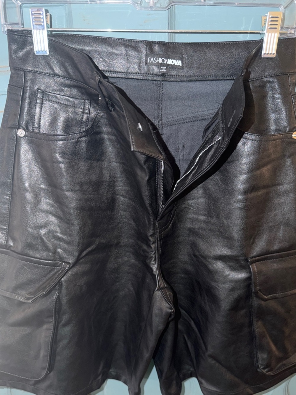 Fashion Nova Black Faux Leather Cargo Shorts for Women